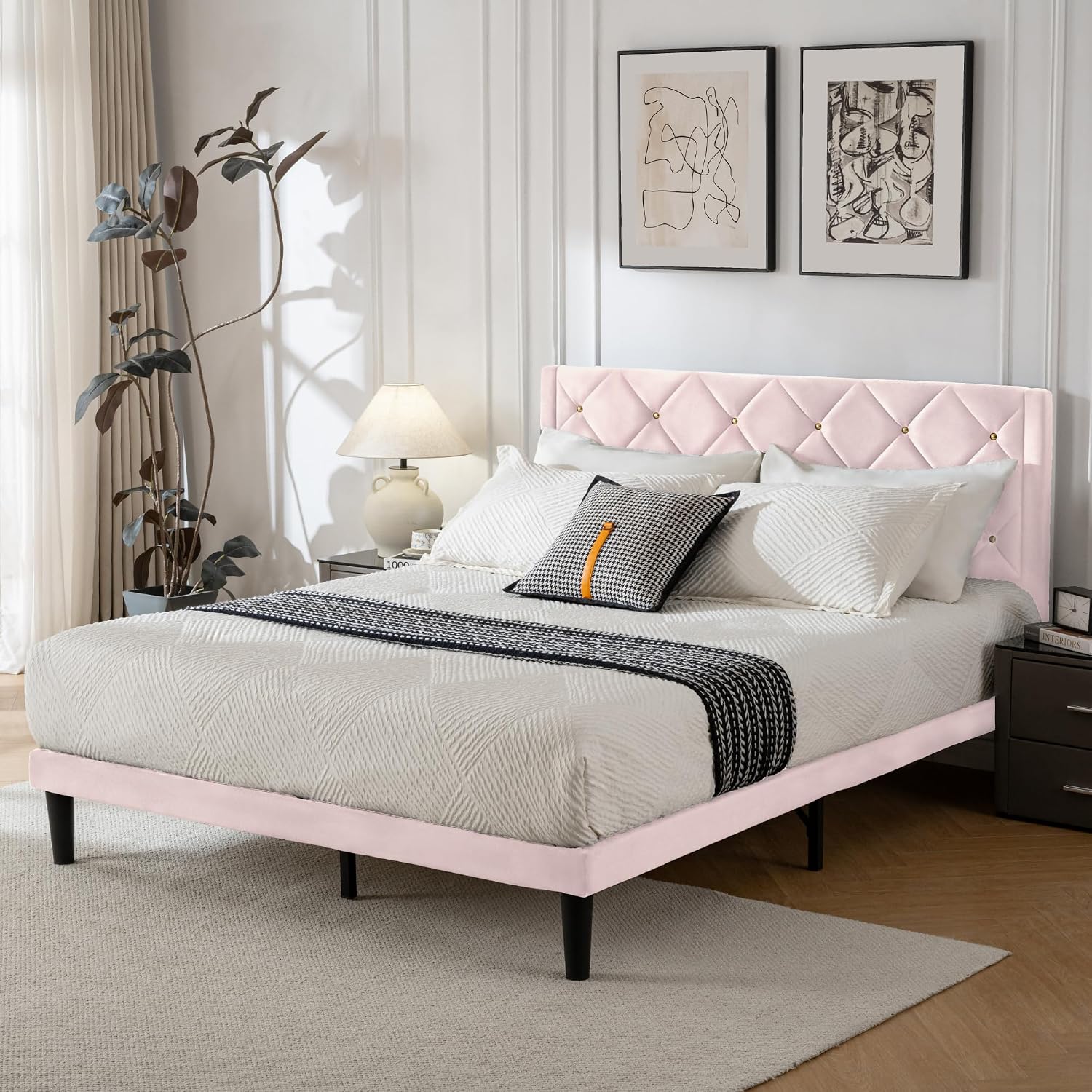 Queen Size Platform Bed Frame with Velvet Headboard, Sturdy Wooden Slats Support, Mattress Foundation, No Box Spring Required, Non-Slip and Noise-Free, Easy Assembly, Pink