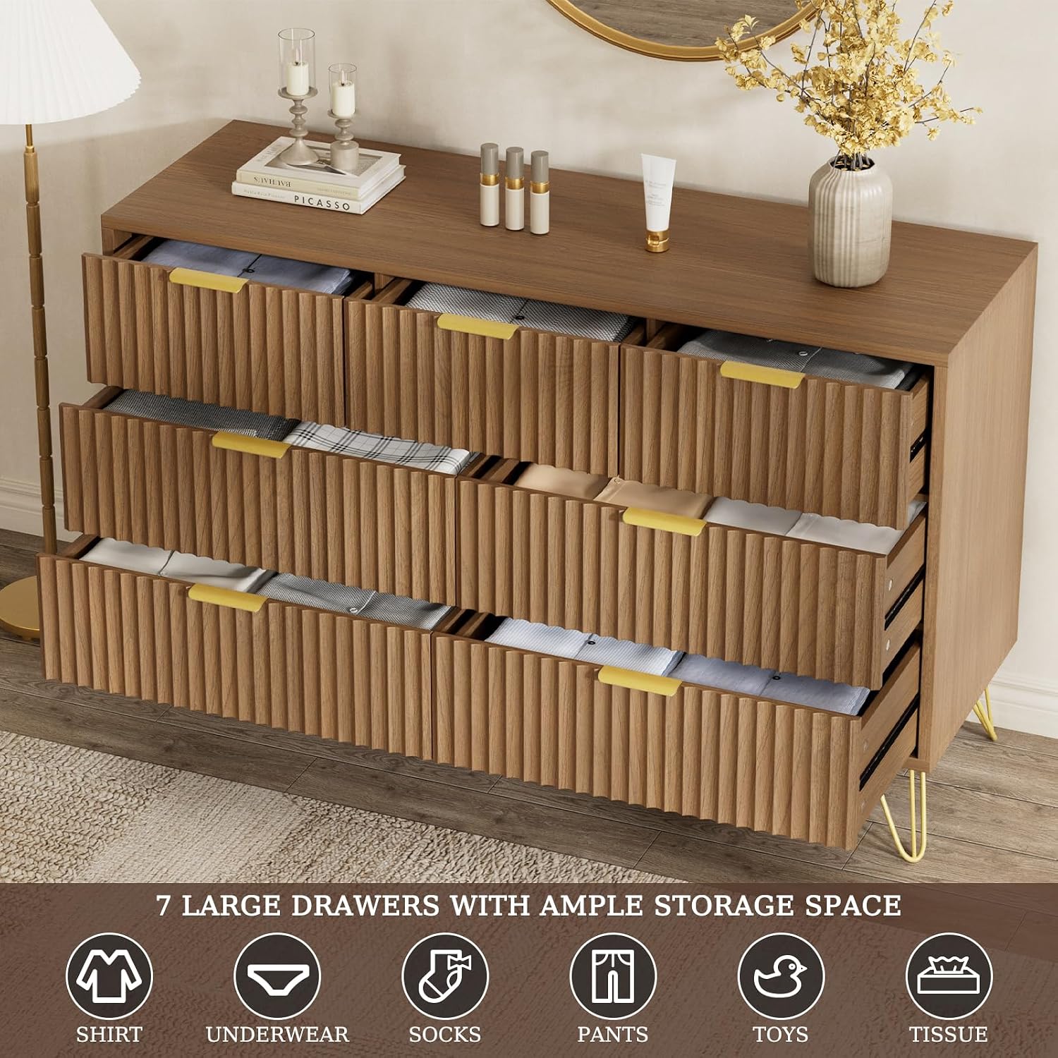 LYNSOM Fluted Dresser for Bedroom, Walnut 7 Drawer Dresser with Gold Handles and Wide Drawers, Wood Chest of Drawers for Bedroom, Hallway(Walnut)