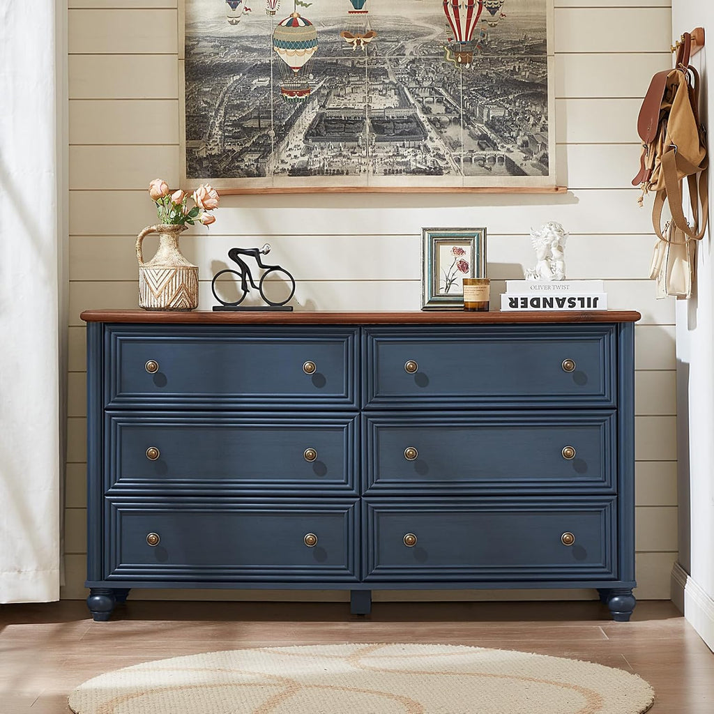 Farmhouse Dressers & Night Stand Set of 3, Wood 54' Wide Dresser & 43.5'Tall Chest of Drawers, 18' Roman Column Nightstand, Bedroom Furniture 6 Drawer Dresser Set for Bedroom Home Living Room Hallway