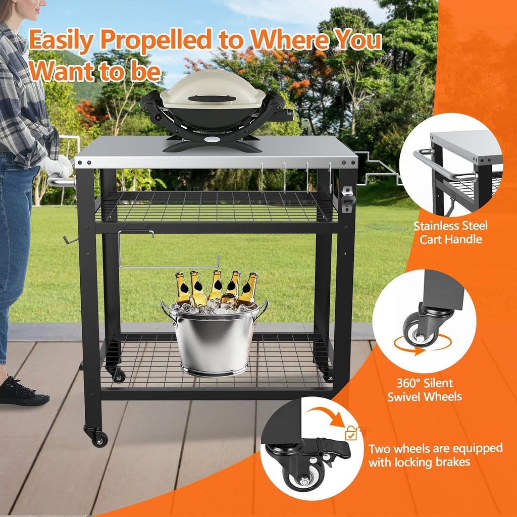 M METERXITY Stainless Steel Pizza Oven Table for Ooni, 650lbs Outdoor Grill Cart with Wheels and Handle, 32'x 24' Three-Shelf Food Prep Cart for Griddle, Movable Outdoor Pizza Cart