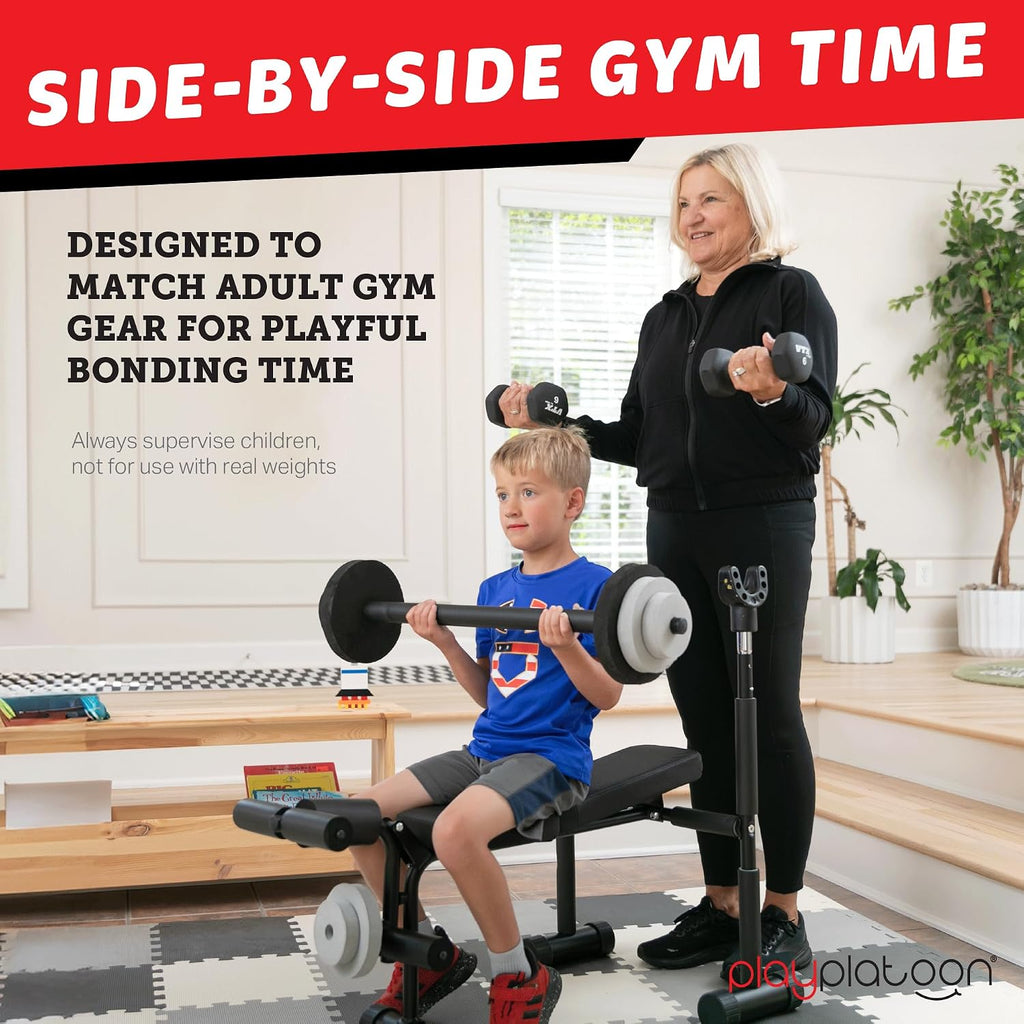 Play Platoon Kids Weight Bench Set - Kids Gym Equipment for Home - Bench Press Weight Sets for Boys - Toddler Gym Set Workout and Exercise Equipment - Ages 3+