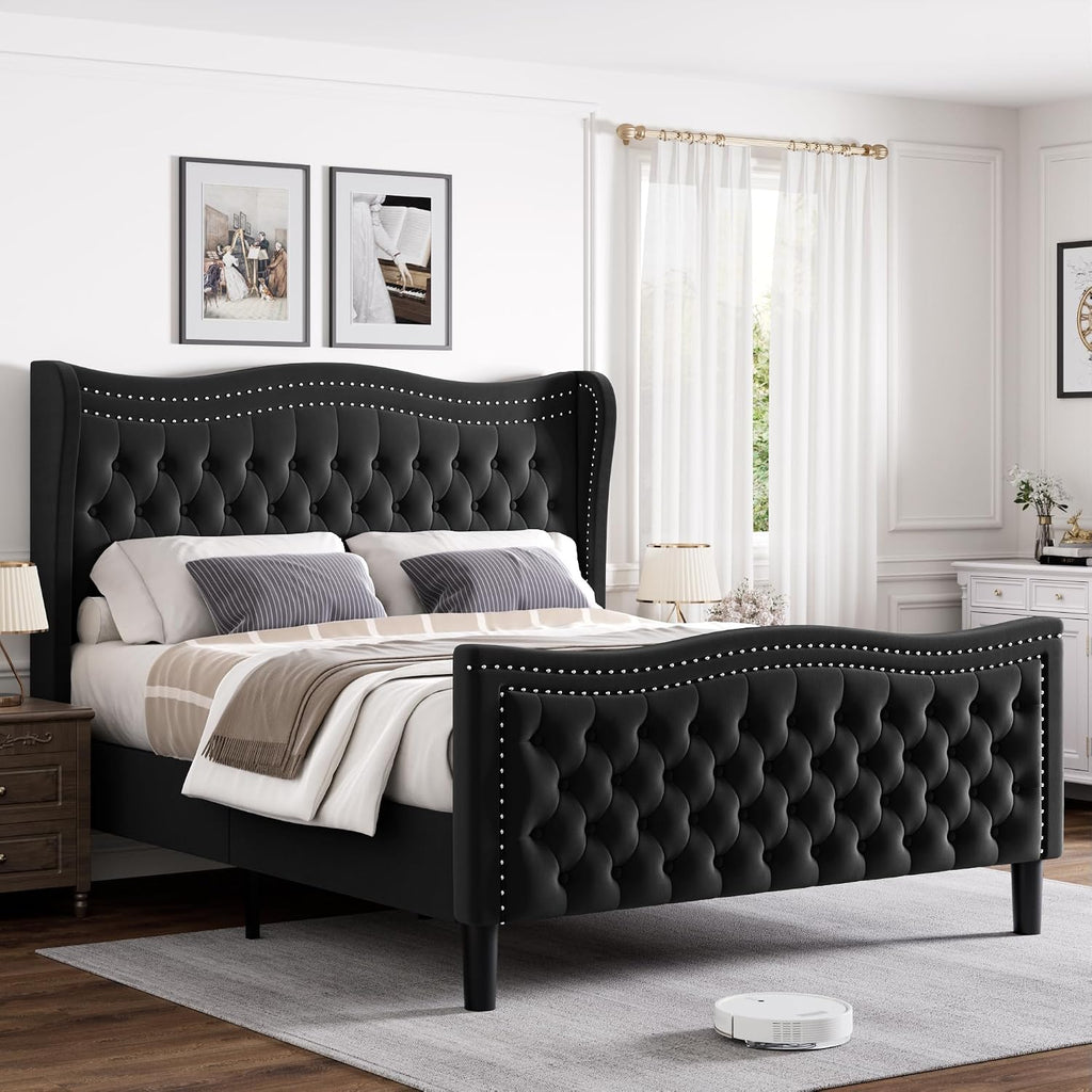 Full Bed Frame with Tall Headboard & Footboard, Velvet Upholstered Platform Bed Frame with Deep Button Tufted Wingback, No Box Spring Needed, Noise Free, Black