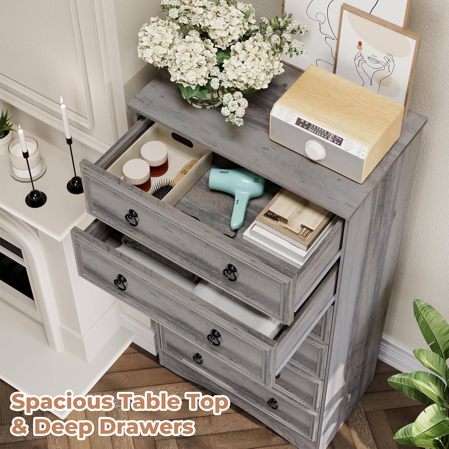 VVFLU 6 Drawer Dresser Tall, 52' Tall Grey Dresser for Bedroom, Chest of Drawers, Large Storage Organizer for Clothes, Grey Vintage, for Living Room, Bedroom, Hallway
