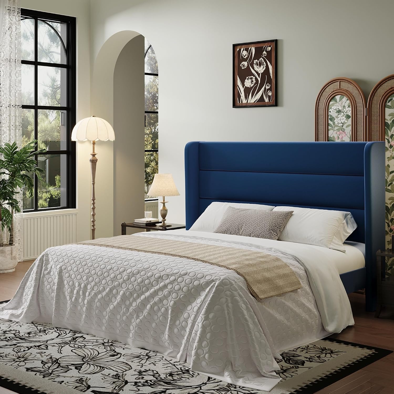 SHA CERLIN Full Size Velvet Bed Frame with Wingback Headboard/Upholstered Platform Bed with Wooden Slats/Mattress Foundation/No Box Spring Needed/Easy Assembly/Blue