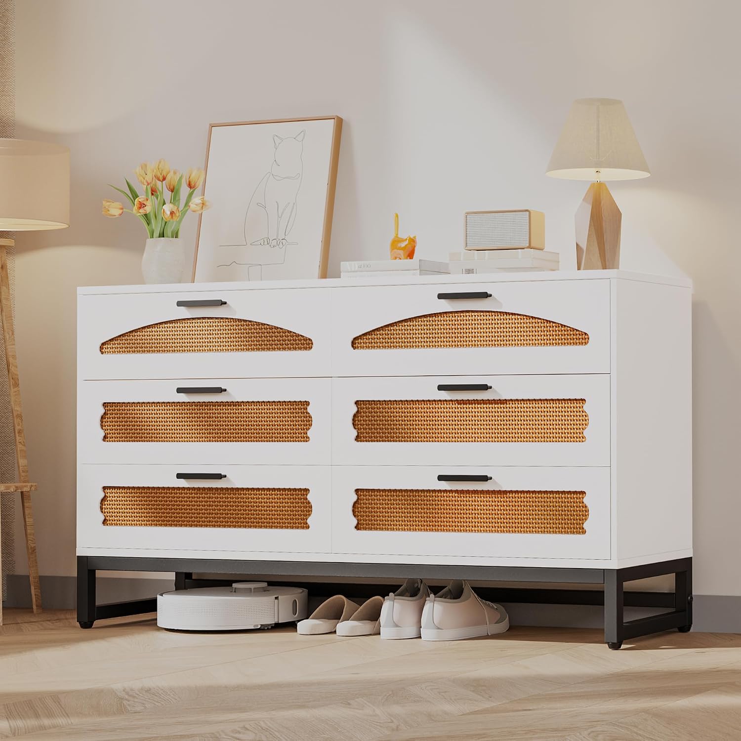 Mericonia 6 Drawer Double Dresser for Bedroom, Rattan Chest of Drawers, Modern Wooden Dresser Chest with Metal Frame for Bedroom, Living Room, Hallway and Entryway, White