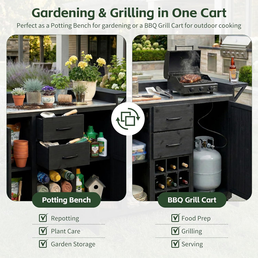 Modern 60.2''W Outdoor Kitchen Island with Wheels,Rolling Patio BBQ Cart with Stainless Steel Top,Wood Grill Cart with Spice Rack&Wine Rack,2 Drawers (Black-T)
