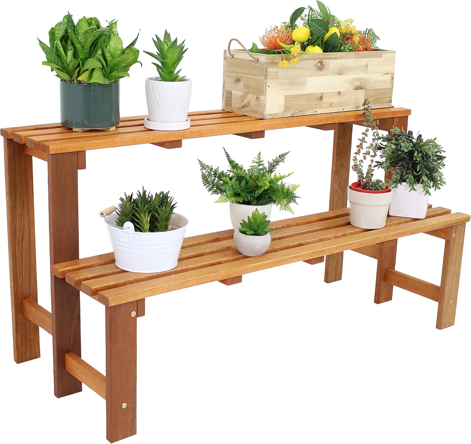 Sunnydaze 2-Tier Meranti Wood Plant Stand for Indoor and Outdoor Use - Garden Shelf with Teak Oil Finish for Patio, Porch, Balcony, and Living Room - Heavy Duty 100 lb Per Level Capacity - 47 in