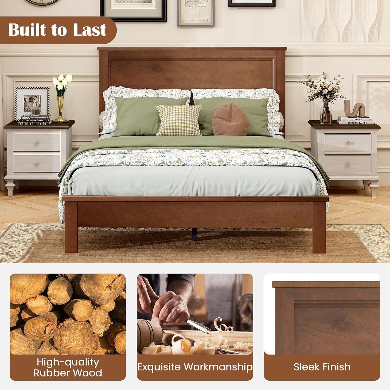 GOFLAME Full Size Wood Bed Frame, Mid-Century Modern Platform Bed with Headboard, Solid Wood Legs, Mattress Foundation with 12 Wooden Slats, No Box Spring Needed, Walnut