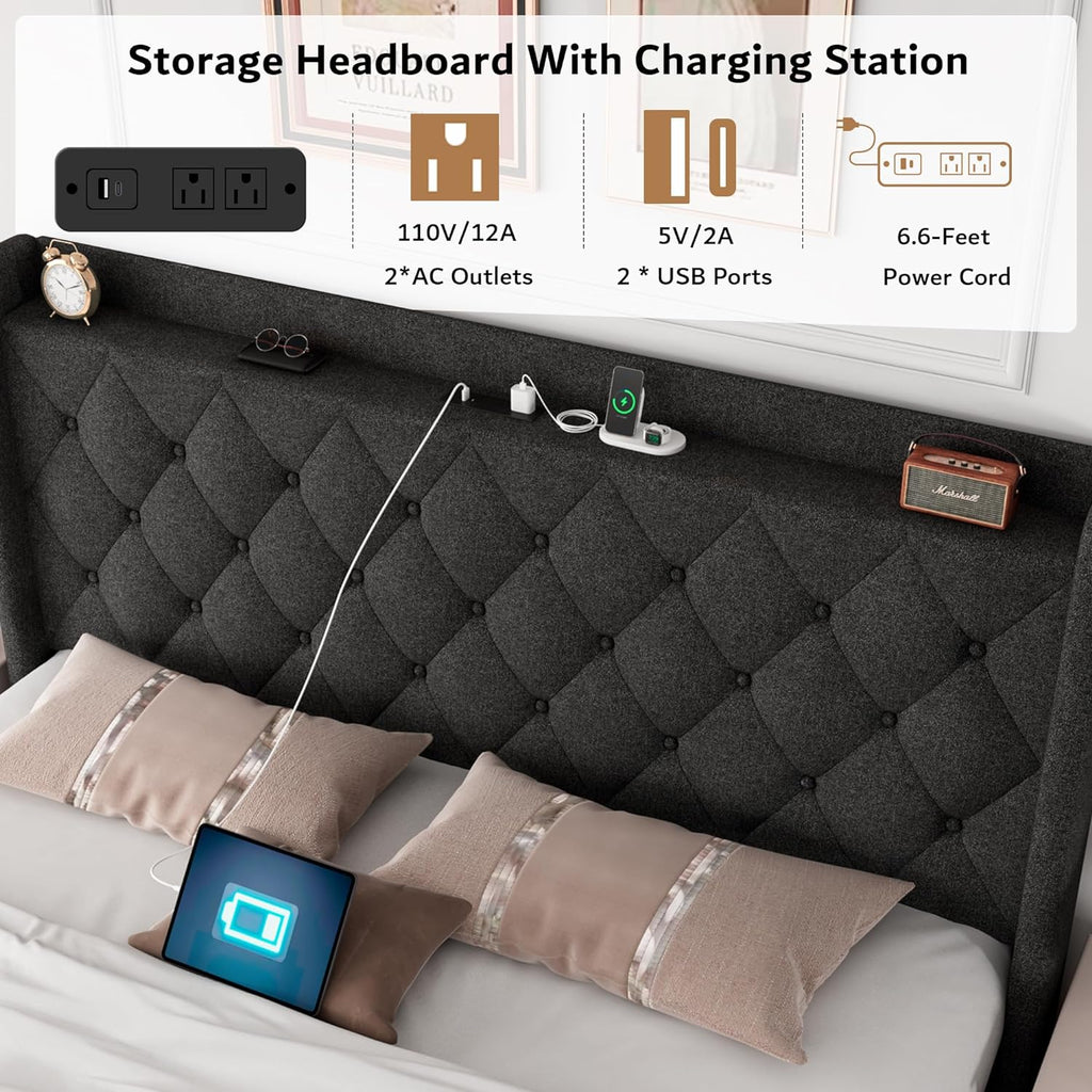 iPormis Full Size Lift Up Storage Bed Frame with Charging Station, Upholstered Platform Bed Frame with Tufted Headboard, Hydraulic Storage, No Box Spring Needed, Noise-Free, Easy Assembly, Dark Grey