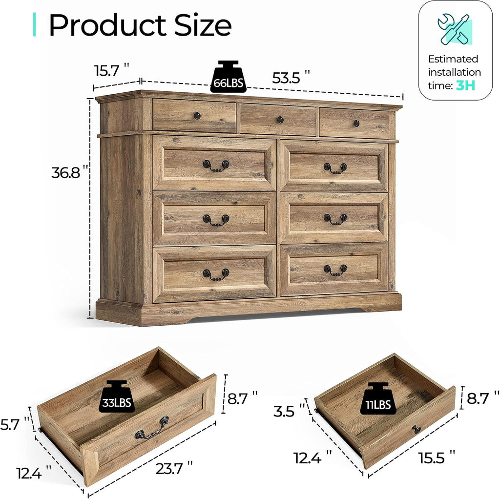 LINSY HOME Dresser for Bedroom, 9 Drawer Wood Farmhouse Chest, Tall Vintage Dressers with Deep Storage Drawers, Wide Large Dresser, Accent Wide Storage Cabinet for Bedroom, Living Room, Rustic Brown