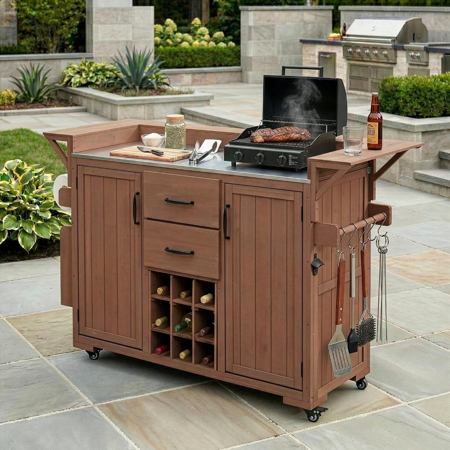 roomfitters Outdoor Grill Cart and Kitchen Island, Stainless Steel Top, Portable Potting Bench with Storage, Wheels, Brown