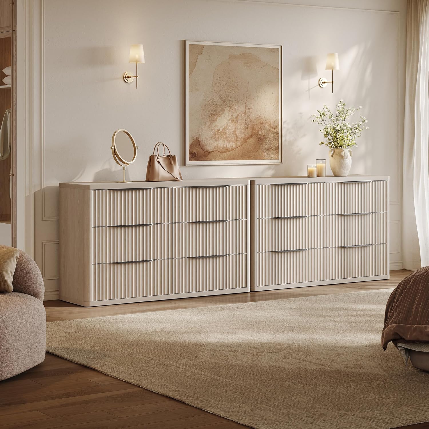 SICOTAS Dresser for Bedroom 107' Wide 6 Drawer Dressers & Chests of Drawers for Closet Long Large Modern TV Stand Set for Clothes Storage Fluted Wide Clothes Closet for Hallway Entryway, White Alder