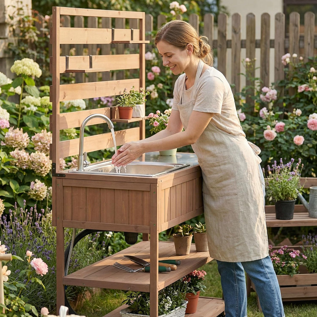 Outdoor Grill Table with Stainless Steel Sink, Outdoor Sink Station, 41.7' Rolling Kitchen Island Cart, Solid Wood Potting Table, 2 Shelves (Brown)