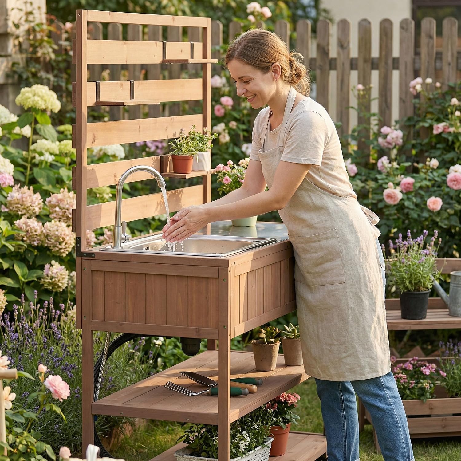 Outdoor Grill Table with Stainless Steel Sink, Outdoor Sink Station, 41.7' Rolling Kitchen Island Cart, Solid Wood Potting Table, 2 Shelves (Brown)