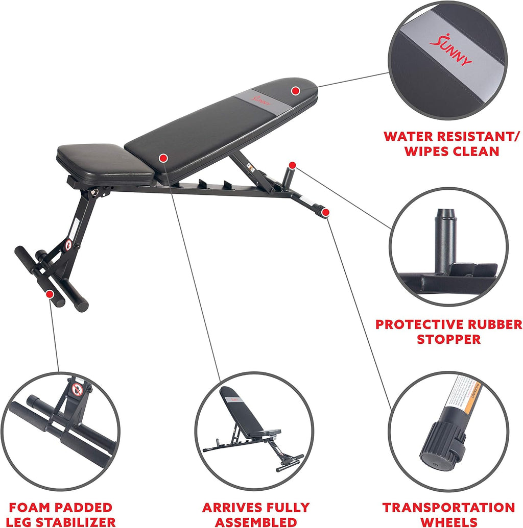 Sunny Health & Fitness Adjustable Weight Bench for Home Gym Strength Training, Incline/Decline, Multi-Position, High Weight Capacity