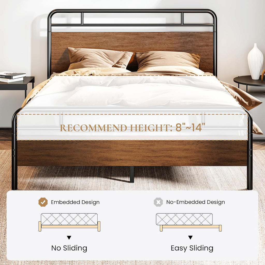 SHA CERLIN Full Size Bed Frame with Wooden Headboard and Footboard, Rounded Corner Metal Structure, Heavy Duty Slats with Under-Bed Storage, No Box Spring Needed, Walnut