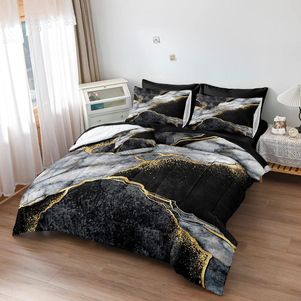 Merryword Black Marble Comforter Set California King 8 Pieces Bed in a Bag Gold Metallic Marble Design Bedding with 1 Comforter, 4 Pillowcase, 1 Flat Sheet, 1 Fitted Sheet, 1 Cushion Cover