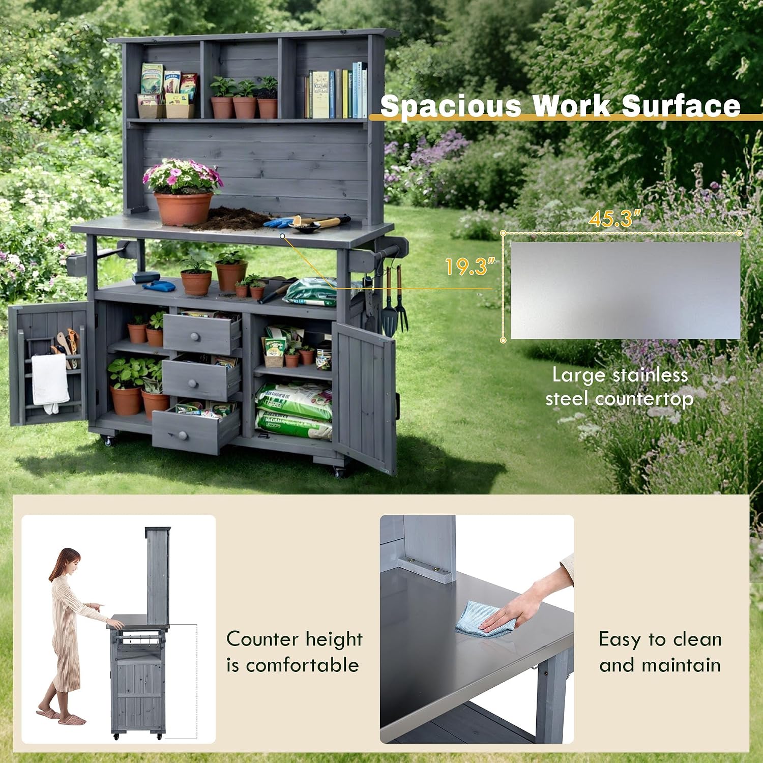 Potting Benches for Outside with Stainless Steel Top, 65''H Fir Wood Potting Bench with Storage, Outdoor Gardening Table (Gray)
