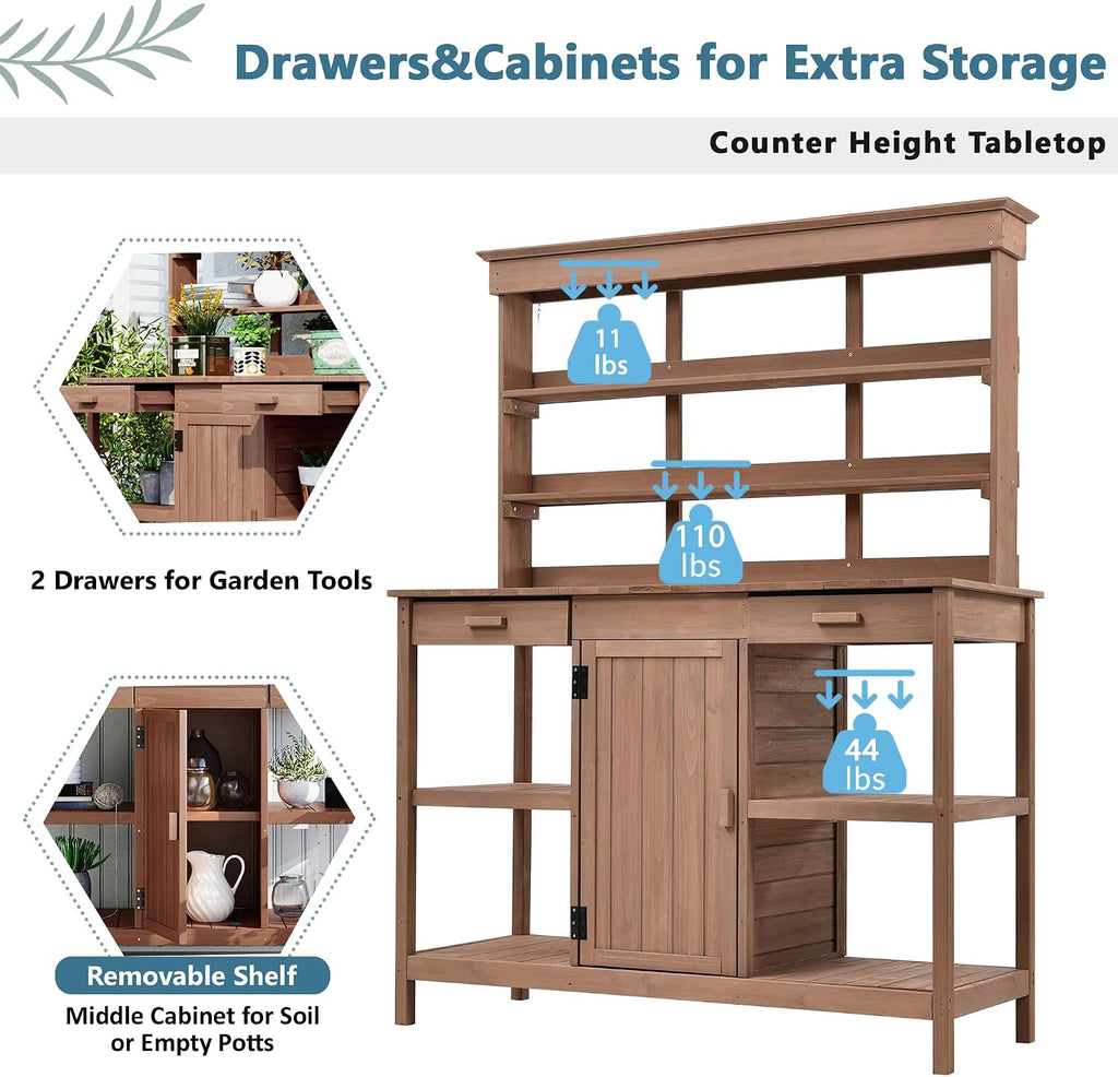 Outdoor Wooden Potting Bench Table – Farmhouse Garden Workstation with Drawers, Cabinet & Storage Shelves, Large Fir Wood Work Table for Patio, Backyard, Mudroom, Greenhouse (Dark Brown, 66'' H)