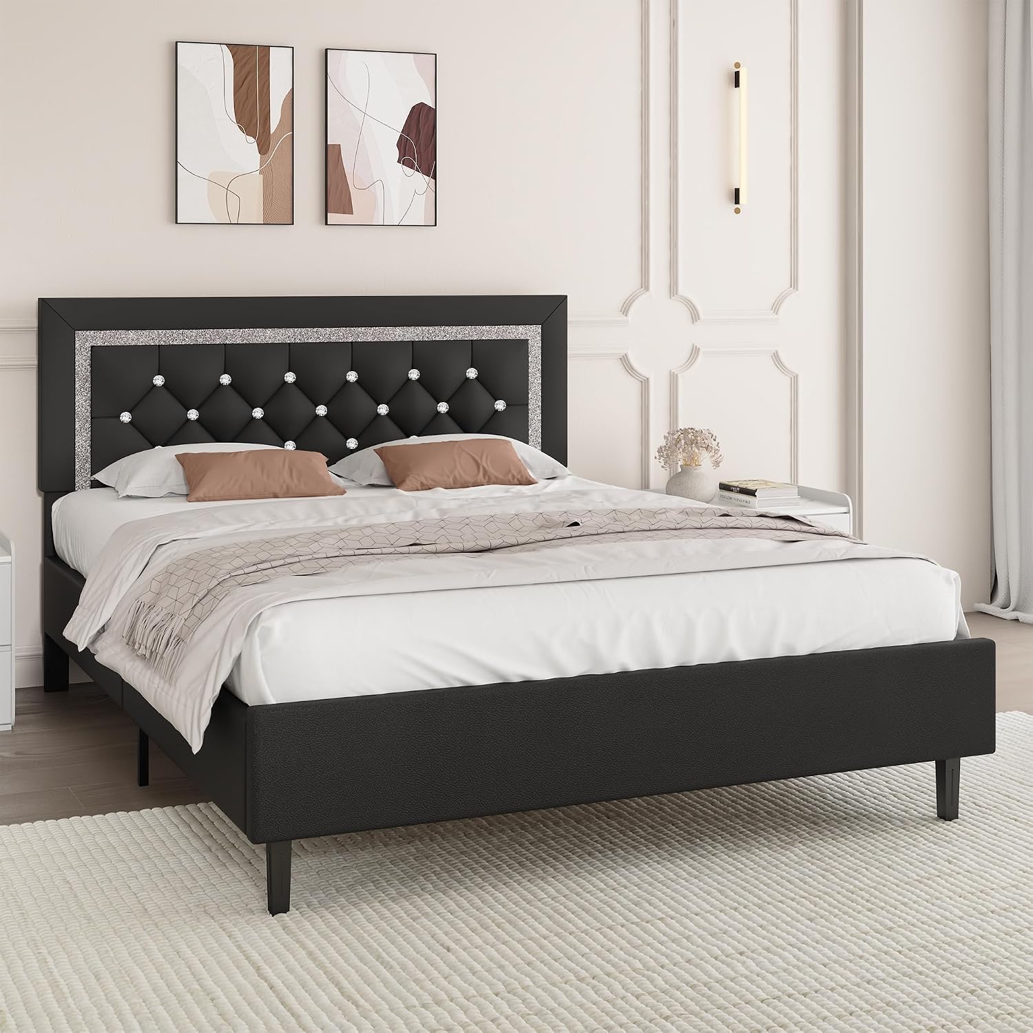 BarnFurin Queen Bed Frame with Tufted Button Headboard, Upholstered Platform Bed Frame with Diamond Design, Wood Slat Support, No Box Spring Needed, Easy Assembly, Black