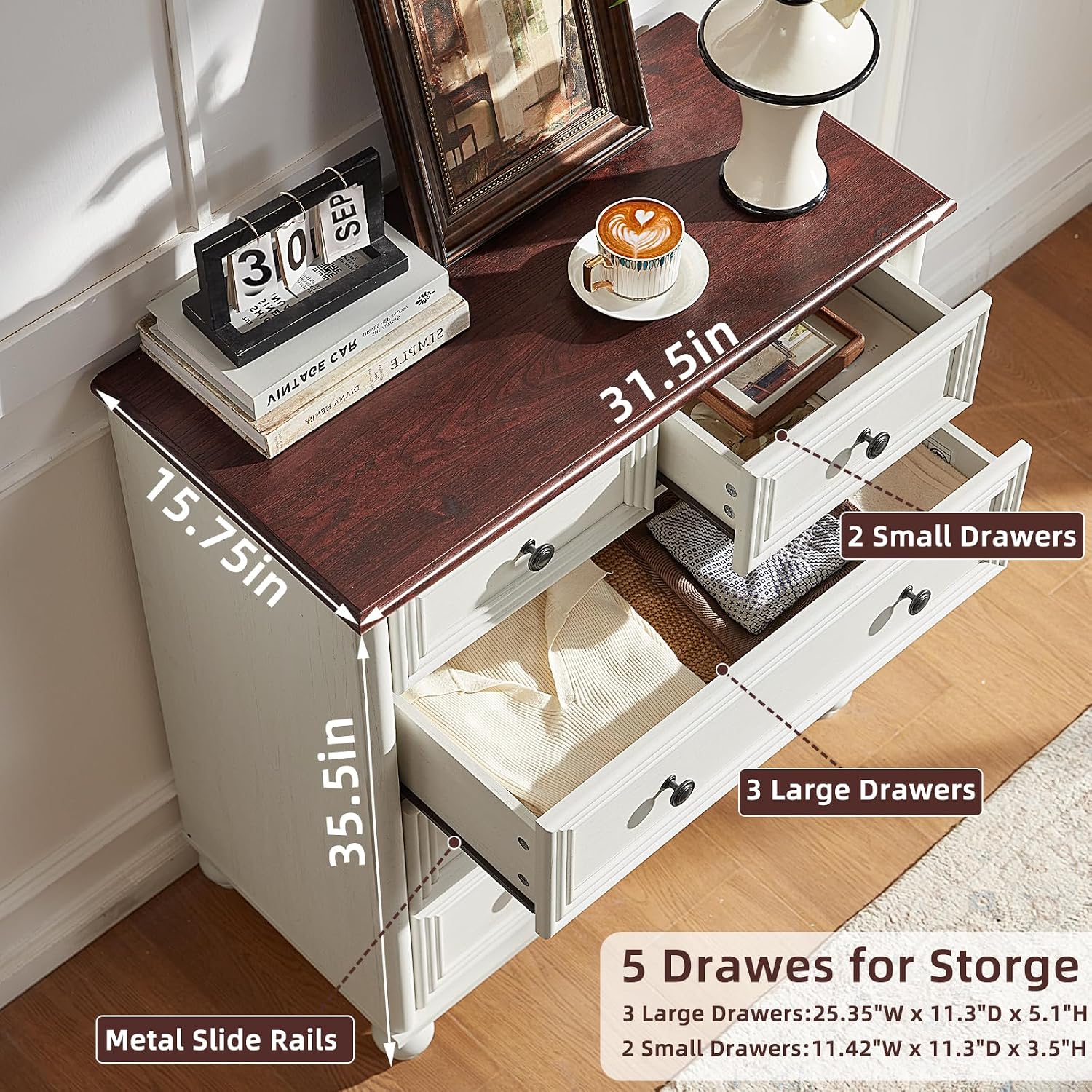 RWYHG Farmhouse 5 Drawer Dresser for Bedroom, 35.5' Tall Small Dressers & Chest of Drawers, Rustic Wood Dresser with Roman Column, Storage Organizer for Living Room, Hallway, Closet (White)