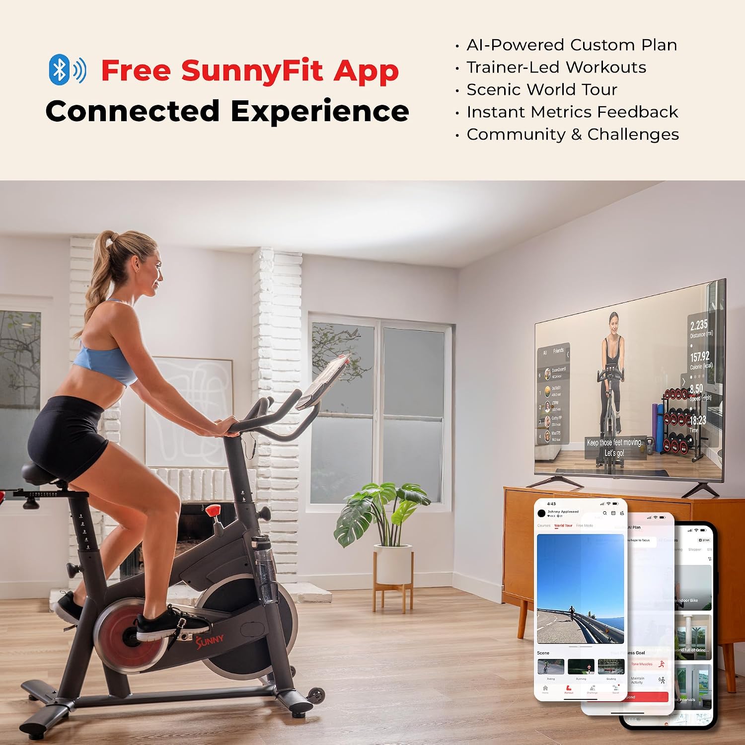 Sunny Health & Fitness Smart Magnetic Indoor Cycling Bike, Stationary Exercise Cardio Equipment, Free SunnyFit Training App