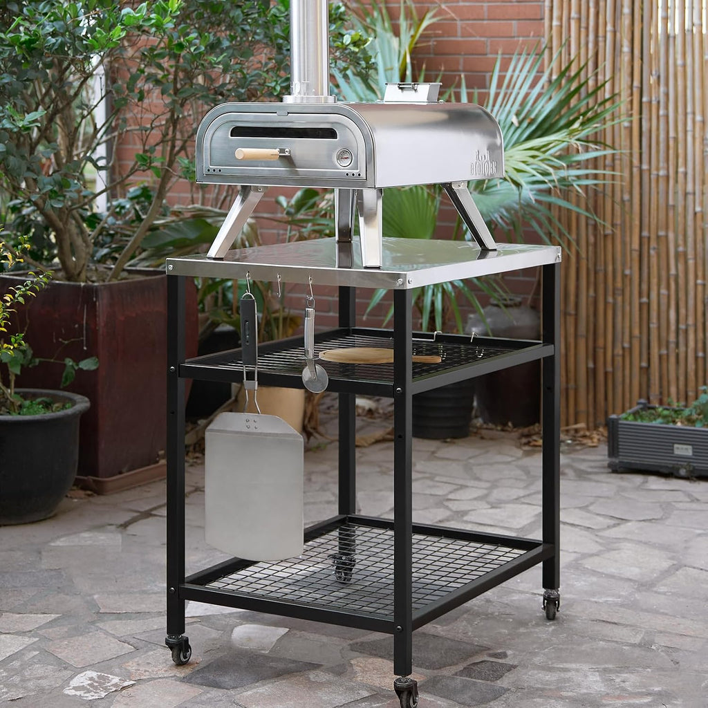 Stainless Steel Outdoor Grill Cart Pizza Oven Stand Trolley Table with Wheels Three-Shelf Movable Food Prep and Work Table Heavy Duty Grill Carts Outdoor Cart 31.5'×24'×35.5'