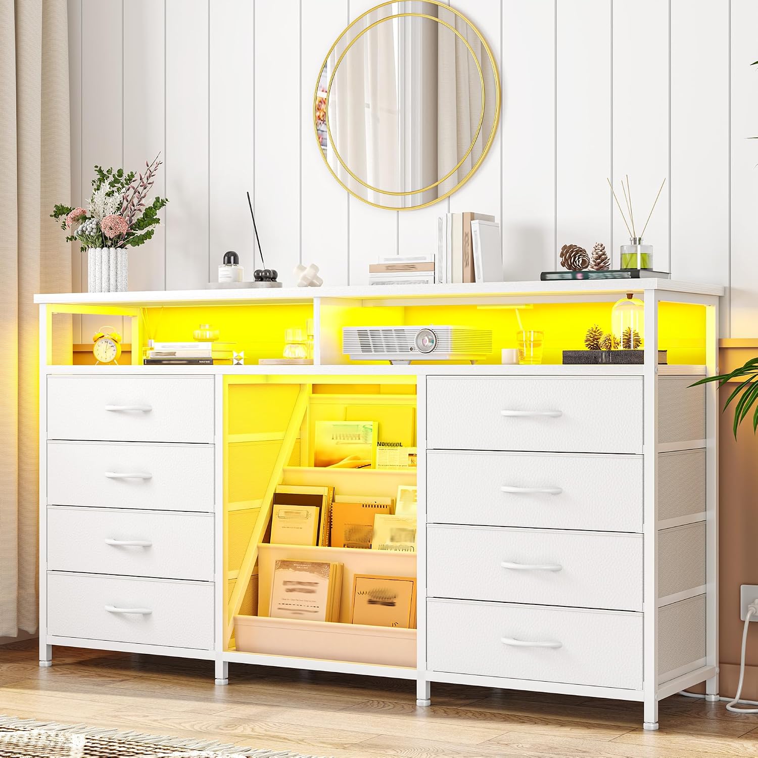 EnHomee 55 ' W Dresser for Bedroom with Bookrack & 8 Fabric Drawers, Dresser TV Stand with Power Outlet & LED Lights for 65 Inch TV, Chest of Drawers for Cabinet, Entryway, White
