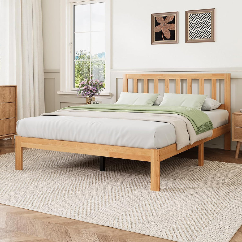 Novilla 12 Inch Queen Bed Frame with Headboard, Queen Size BedFrame with Headboard Classic Wooden Bed Frame Queen Size with Wood Slat Support, No Box Spring Needed, Easy Assembly, Natural Grain Wood