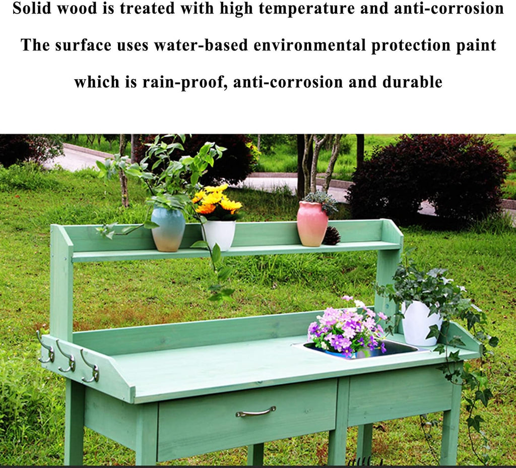 Garden Potting Bench Table, Wood Outdoor Workstation with Storage Cabinet and Planting Sink, Side Hooks and Bottom Shelf for Garden Supplies
