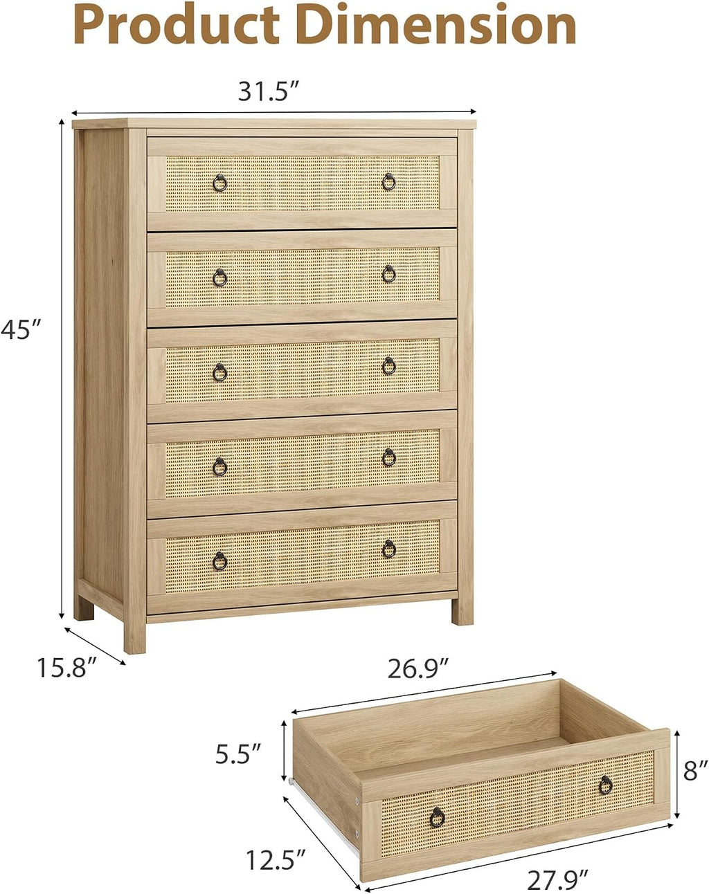 IDEALHOUSE Rattan Dresser for Bedroom with 5 Drawers, 45'' Tall Chest of Large Drawers with Large Clothes Storage Cabinet, Wood Bedroom Dresser, TV Stand for Nursery, Living Room, Enterway