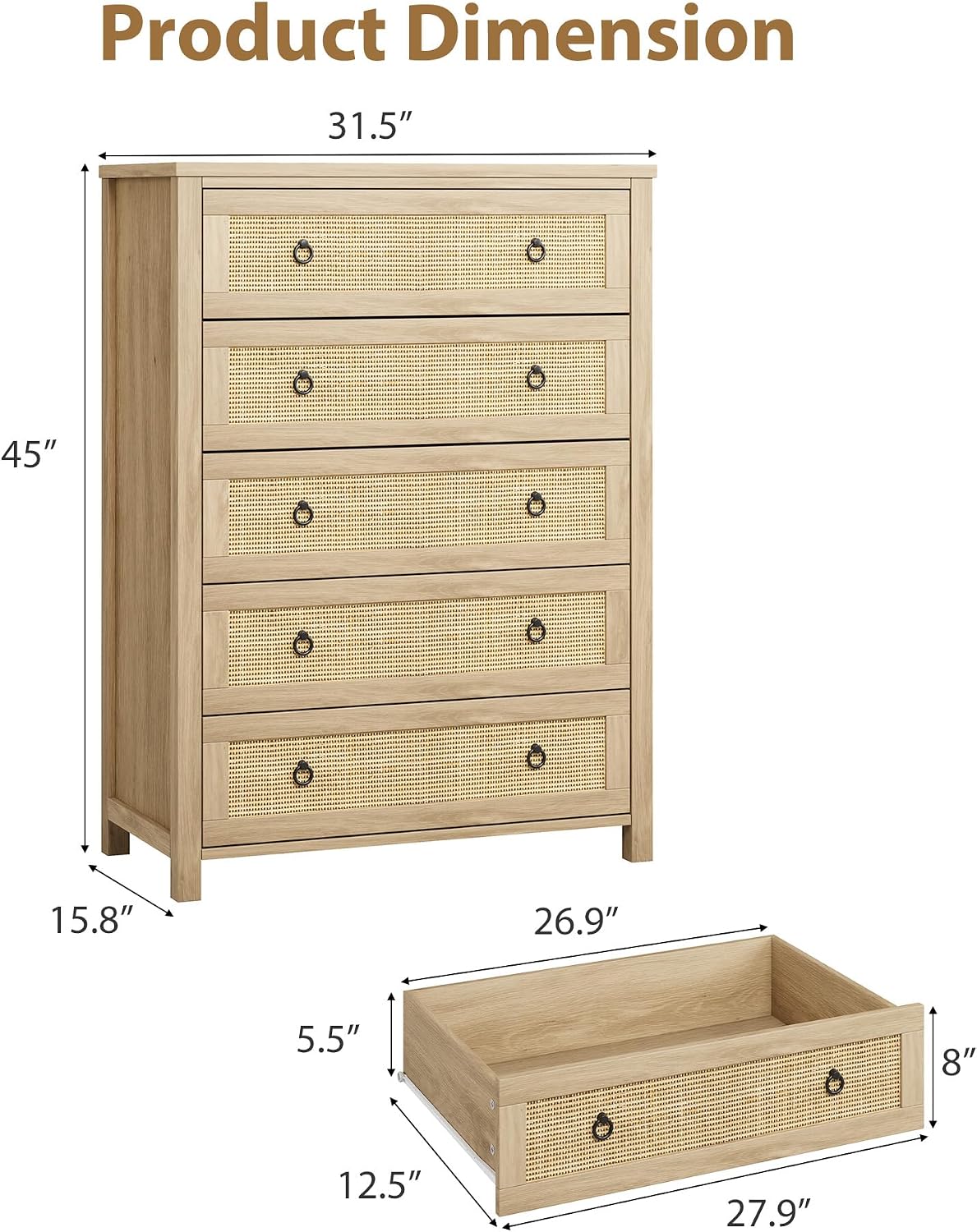 IDEALHOUSE Rattan Dresser for Bedroom with 5 Drawers, 45'' Tall Chest of Large Drawers with Large Clothes Storage Cabinet, Wood Bedroom Dresser, TV Stand for Nursery, Living Room, Enterway