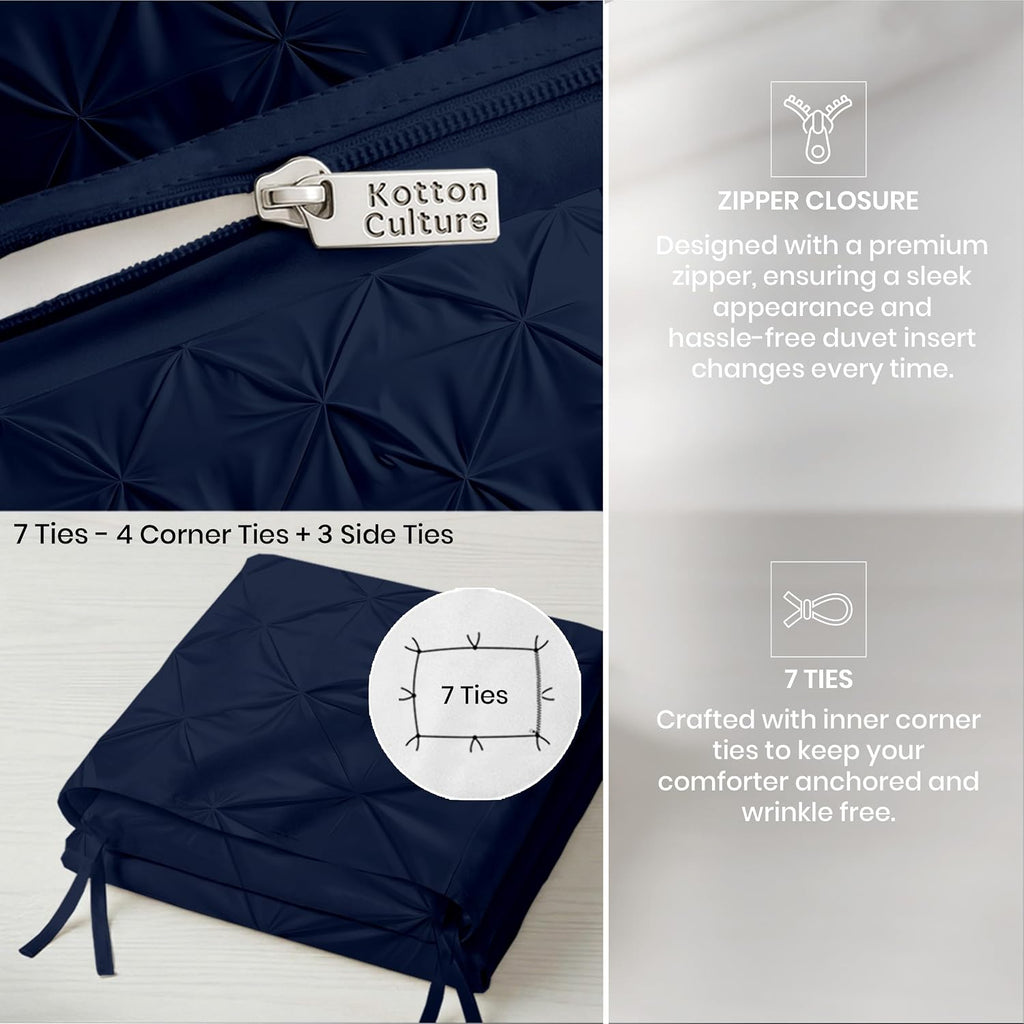 Kotton Culture 120'x 120' 1 Pc Super King Plus Pinch Pleated - Pintuck Duvet Cover Only - 100% Egyptian Cotton 1000 TC - Zipper Closure & 7 Internal Ties- Fits Extra Large King Inserts - Navy Blue