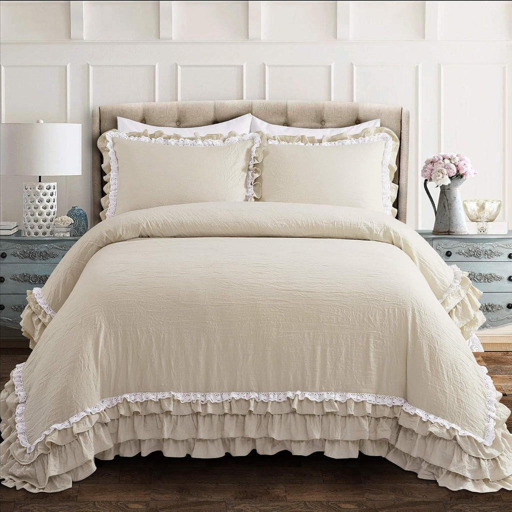 Lush Decor Ella Ruffle Lace Comforter, 3 Piece Set, Full/Queen, Neutral - Cute Comforter - Queen Bedding Set - Beige Bedding Full Size - Coquette Decor - Beige Lace Trim - Ruffle Trim