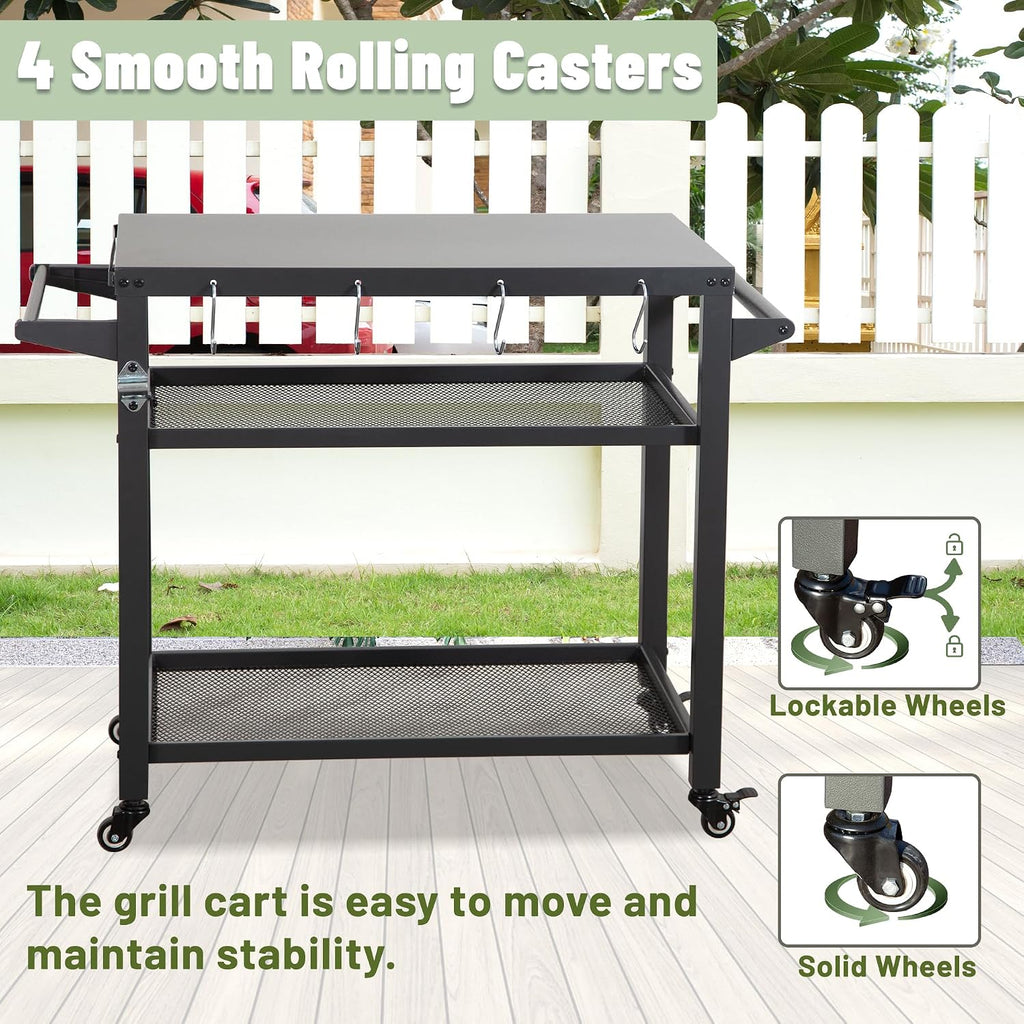 Domi 3-Shelf Outdoor Grill Table, Grill Cart Outdoor with Wheels, Pizza Oven and Food Prep Table, Blackstone with Propane Tank Hook, BBQ Stand for Blackstone Griddle for Outside BBQ