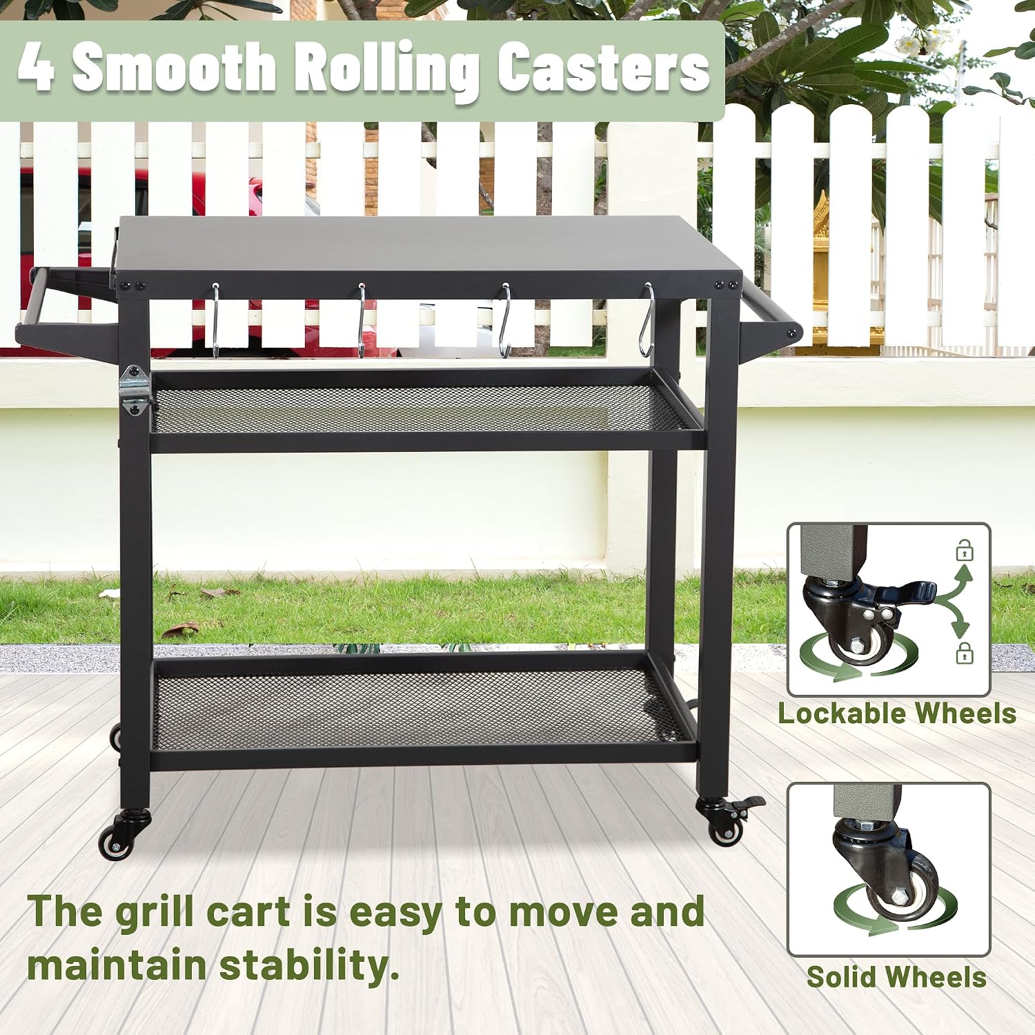 Domi 3-Shelf Outdoor Grill Table, Grill Cart Outdoor with Wheels, Pizza Oven and Food Prep Table, Blackstone with Propane Tank Hook, BBQ Stand for Blackstone Griddle for Outside BBQ