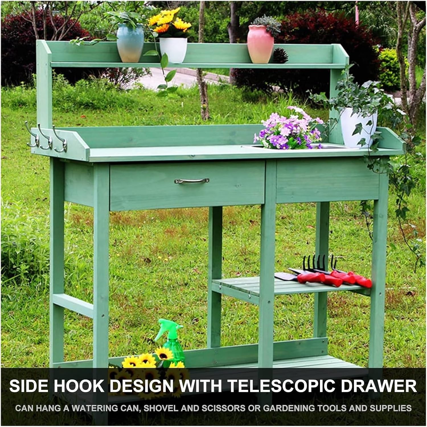 Potting Bench Table,Garden Potting Table, Potting Bench Garden Table Outdoor Garden Work Station with Removable Stainless Sink Planting Work Bench with Storage Shelves and Drawer, Green