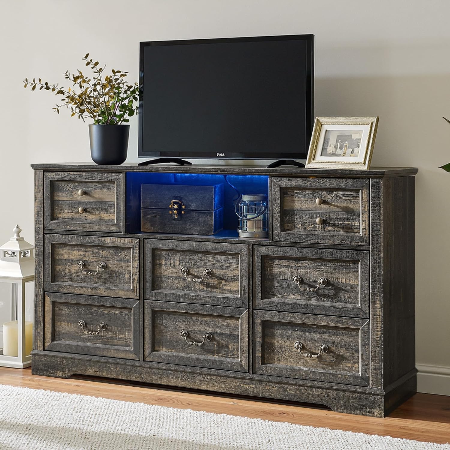Homkdom Dresser for Bedroom with Charging Station & Led Lights,55.02' TV Stand with 8 Drawers,Dressers & Chests of Drawers with Open Shelves,Hallway,55.02' W x 34.53' H x 15.77' D Rustic Oak