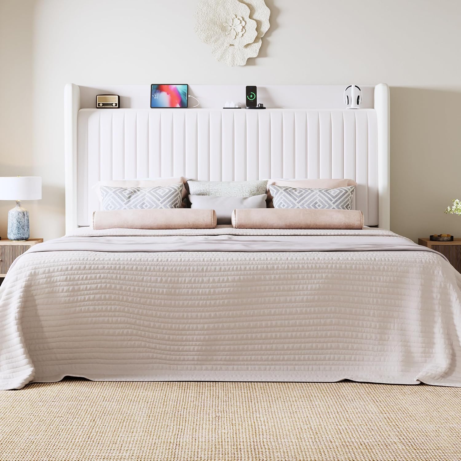 Allewie Queen Size Platform Bed Frame with USB Charging Station and Storage Shelf/Upholstered Velvet Wingback Headboard/Wooden Slats Support/No Box Spring Needed/Easy Assembly, White
