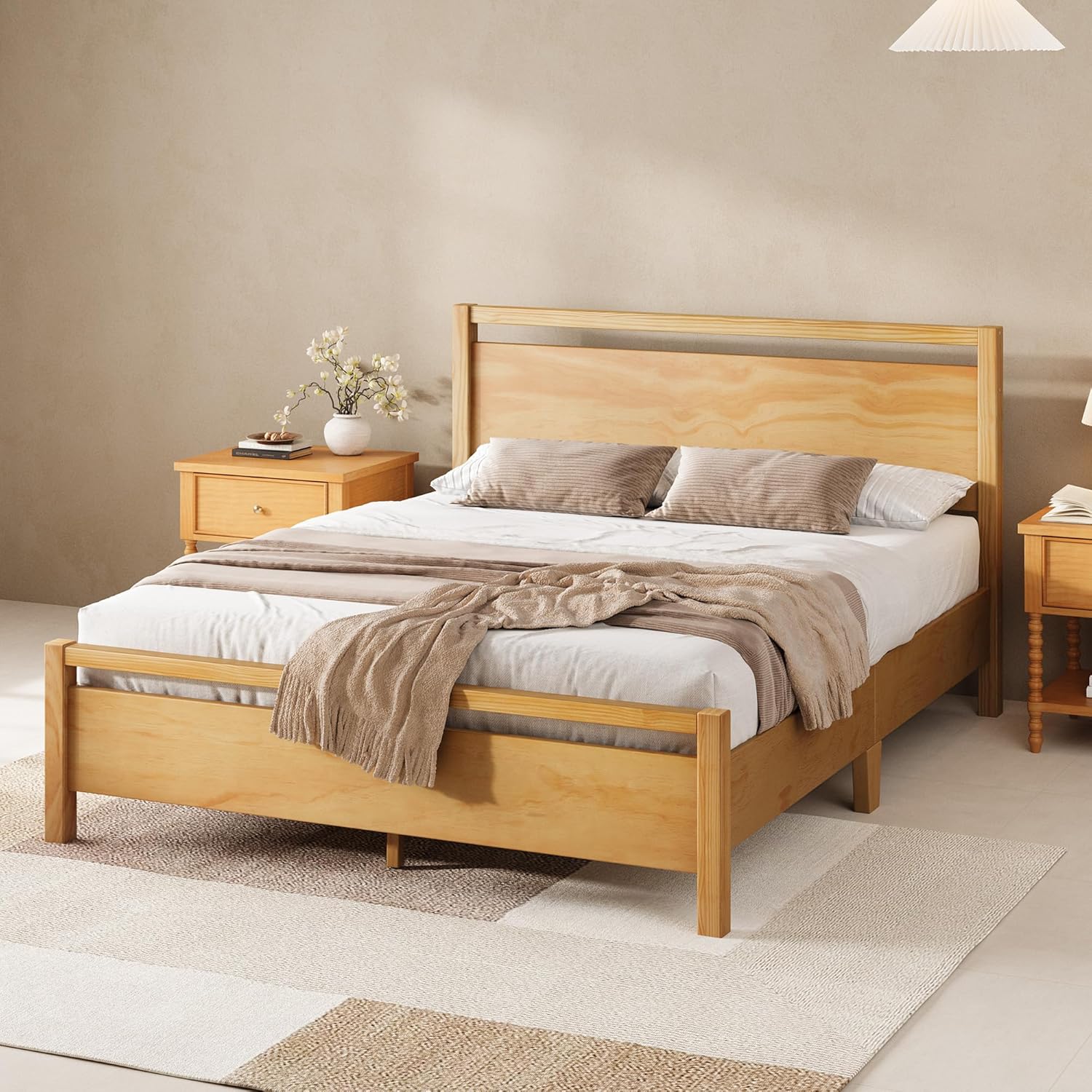 AMERLIFE Queen Size Solid Wood Bed Frame with Headboard, Minimalist Platform Bed with Wood Slats Support/No Box Spring Needed/Easy Assembly/Noise-Free, Natural