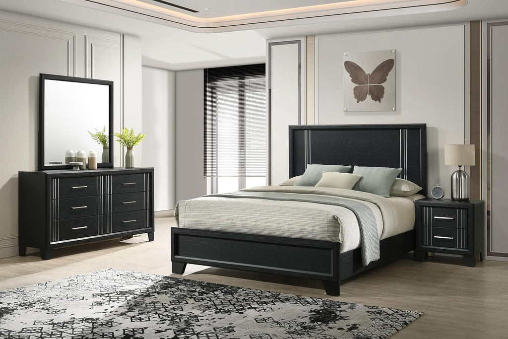 Contemporary Beautiful Charcoal Finish Full Size Panel Bed Wooden 5pc Bedroom Furniture Set