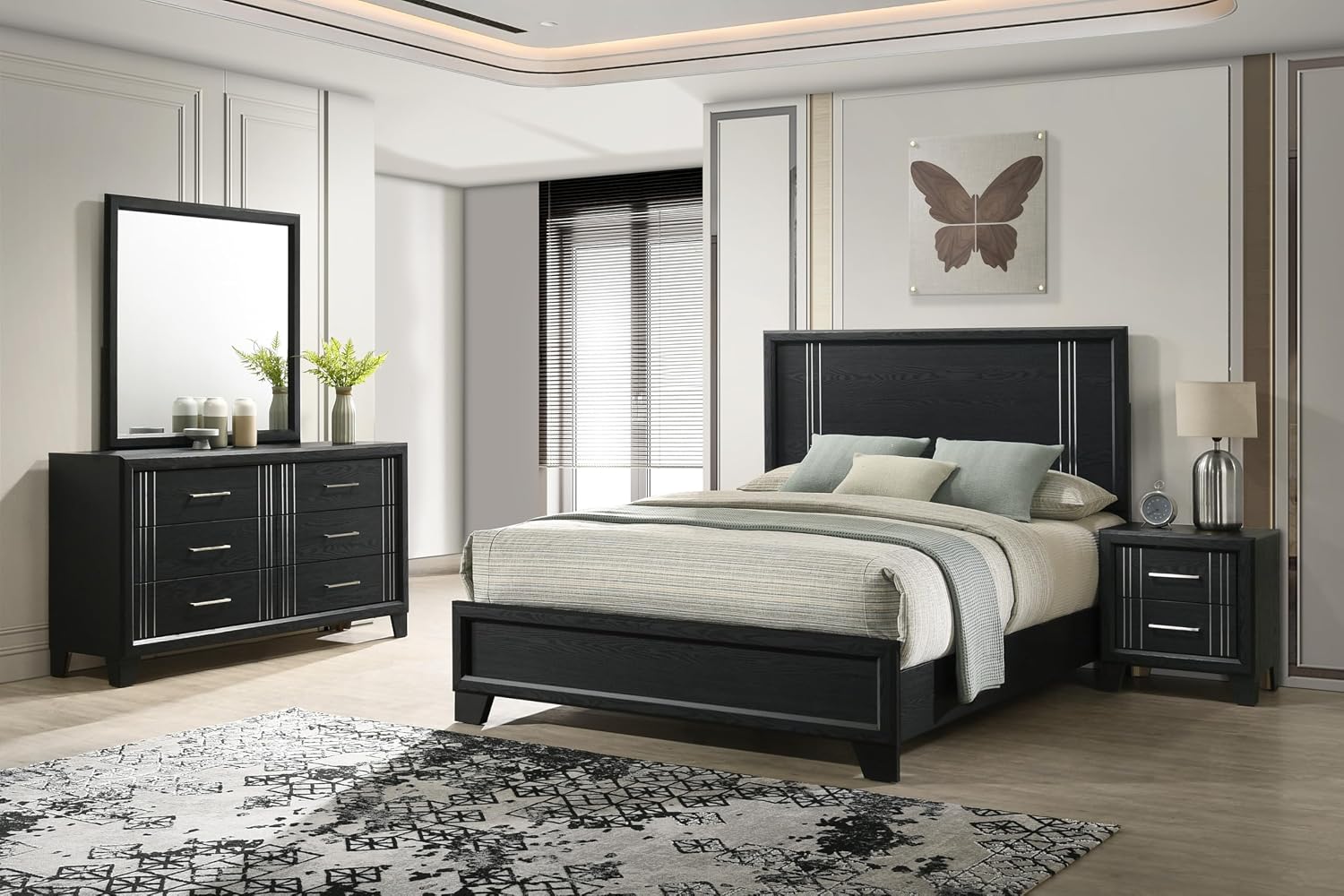 Contemporary Beautiful Charcoal Finish Full Size Panel Bed Wooden 5pc Bedroom Furniture Set