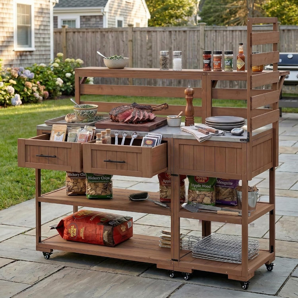 Roomfitters Garden Potting Bench with Wheels, Extra Wide Outdoor Potting Table and BBQ Prep Station, Storage Shelves, Brown