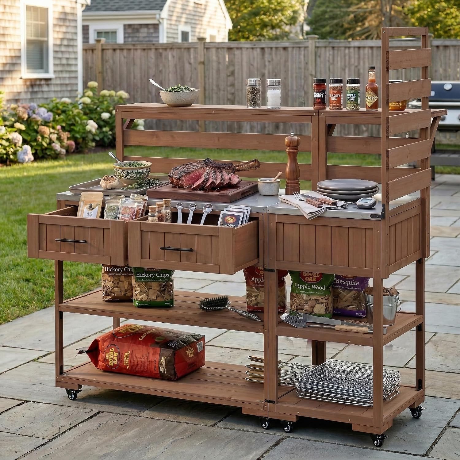 62.3'' Patio Kitchen Island Cart with Stainless Table Top,Solid Wood Garden Potting Bench with Raised Shelf and Drawers, Grill Prep Table for BBQ, Party (Brown-E)