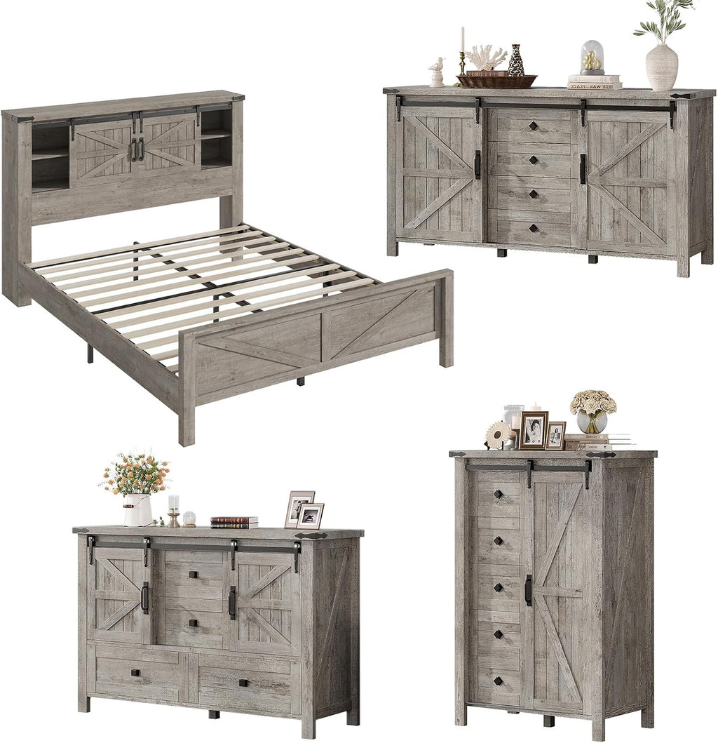 AMERLIFE 4 Pieces Farmhouse Bedroom Set, Includes Queen Size Bookcase Headboard Bed Frame, 5 Drawer Tall Dresser, 47'' Dresser with 4 Drawers, 60' Dresser with 4 Drawers, Light Rustic Oak