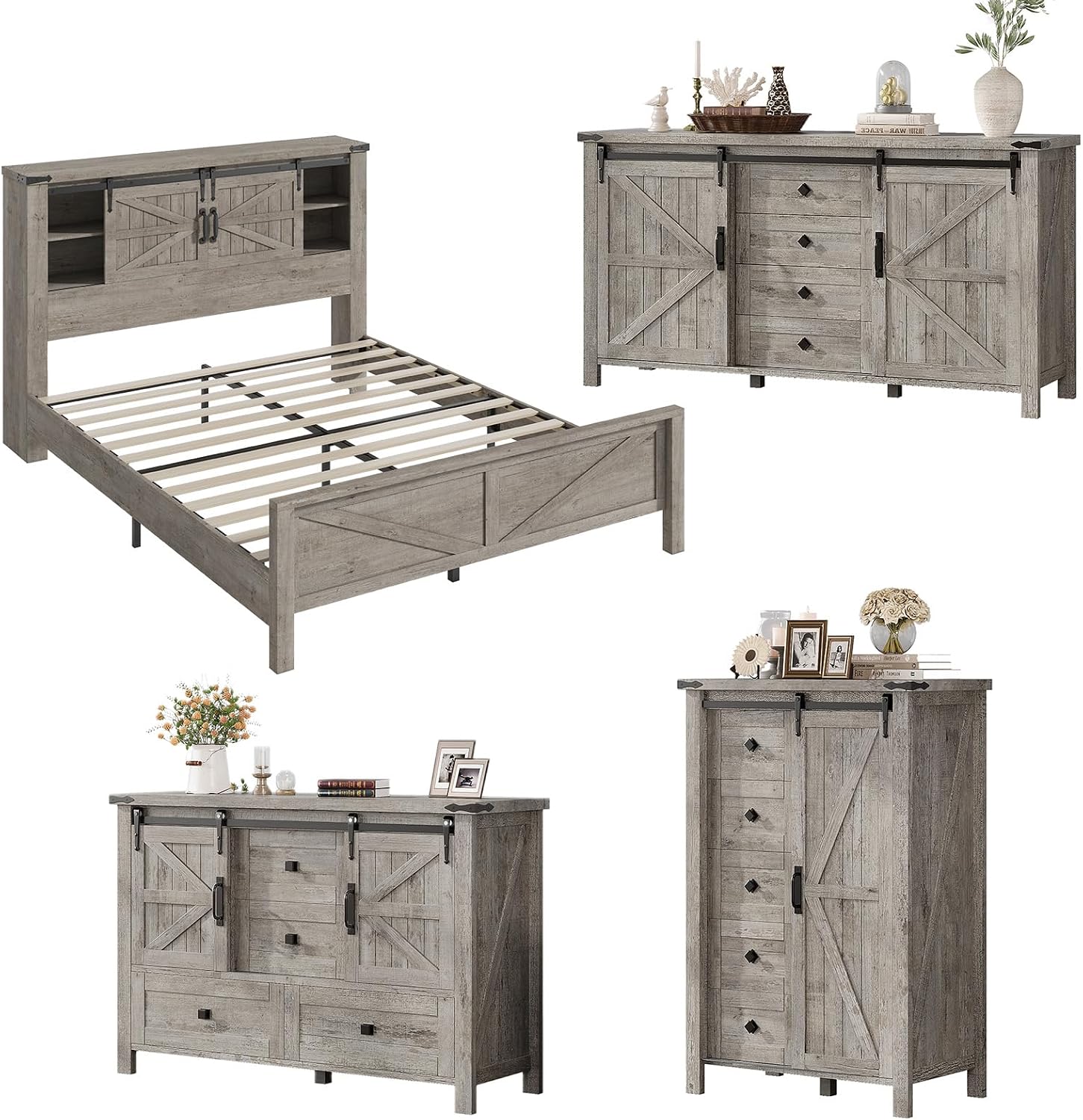 AMERLIFE 4 Pieces Farmhouse Bedroom Set, Includes Queen Size Bookcase Headboard Bed Frame, 5 Drawer Tall Dresser, 47'' Dresser with 4 Drawers, 60' Dresser with 4 Drawers, Light Rustic Oak