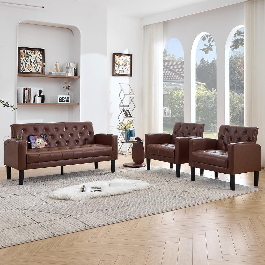 TYBOATLE 62' W Leather Loveseat w/Chairs, 3 Piece Sofa Sets for Living Room w/ 2 USB Charger Ports and 2 Cupholders, Living Room Furniture Sets of 3 (3, Brown)