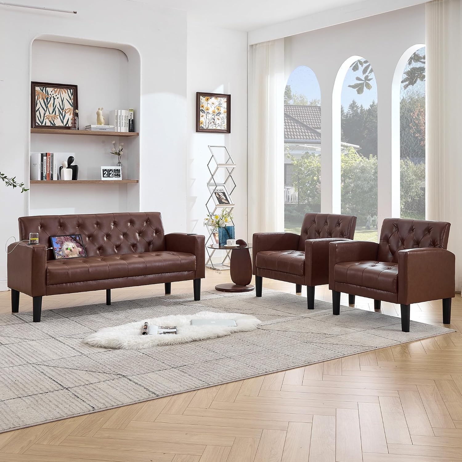 TYBOATLE 62' W Leather Loveseat w/Chairs, 3 Piece Sofa Sets for Living Room w/ 2 USB Charger Ports and 2 Cupholders, Living Room Furniture Sets of 3 (3, Brown)