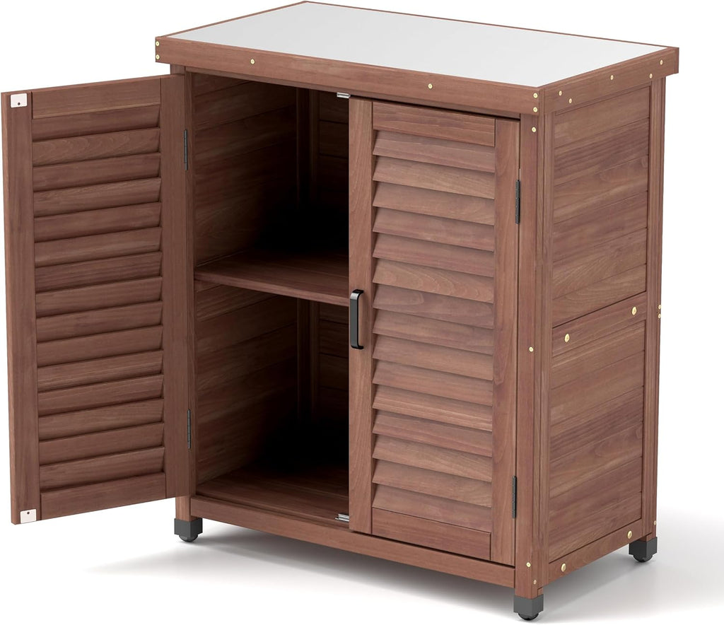 Potting Bench with Storage Cabinet and Metal Table Top - Outdoor Patio Garden Furniture Wood Workstation - Spacious Interior for Organizing Garden Supplies and Outdoor Gear (Brown)