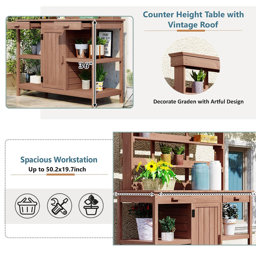 66-Inch Outdoor Potting Bench with 2 Drawers, Cabinets, and Open Shelves, Anti-Falling Safety Device, Wooden Garden Potting Table for Backyard, Patio Brown As Shown One Size